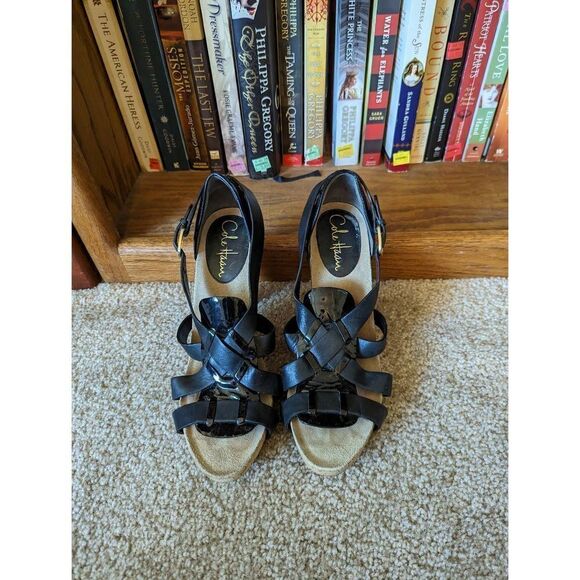 COLE haan black and brown chunky heel stilleto sandals euc sz 7 - Picture 2 of 7